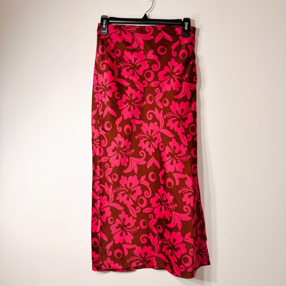 Urban Outfitters brown satin hot pink tropical floral high rise high slit skirt